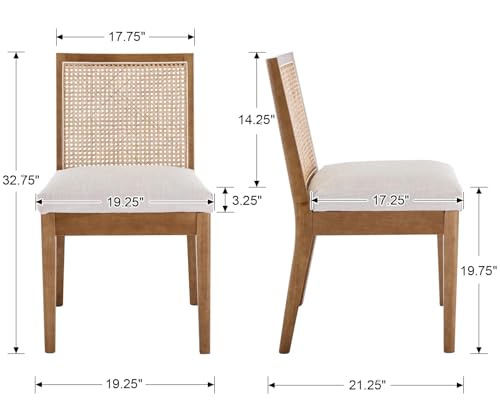 Image of HNY Farmhouse Rattan Dining Chairs Set of 4, Natural Solid Hardwood Frame, Upholstered Linen Seat, Ergonomic Cane Back Dining Room Chairs for Kitchen, Dining Room, Apartment, Beige