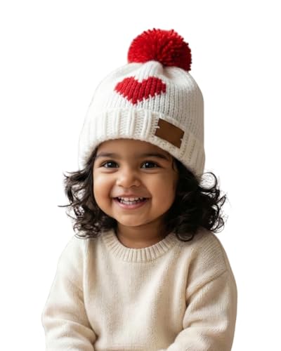 Image of Handmade Knitted Self Design Woolen Beanie Cap for Kids - White & Red 6-12 M | Winter Cap for Baby | FUNCAP56-6-12 M