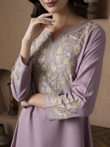 Image of QAZMI Women's Aari Embroidered Viscose Rayon A-Line Flared Short Kurti