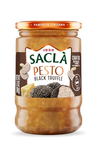 Sacla Pesto With Black Summer Truffle | Italian Basil Pesto Sauce With Real Truffle & Cheese | 6.7 Oz Glass Jar | Gourmet Non-Gmo Paste | Imported From Italy