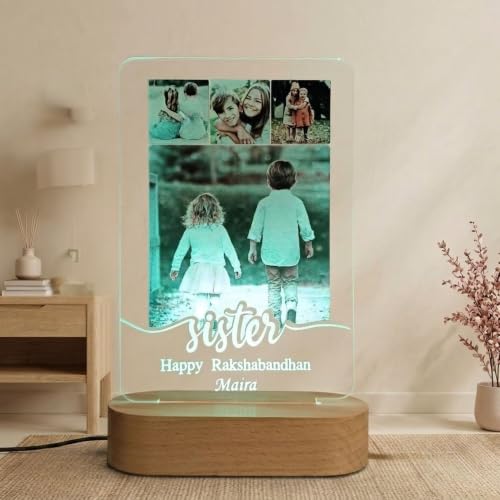 Image of Personalized Rakshabandhan Table Lamp for Sister - Custom Photo Night Light with Name - LED Acrylic Gift for Sister from Brother - Happy Raksha Bandhan Decoration