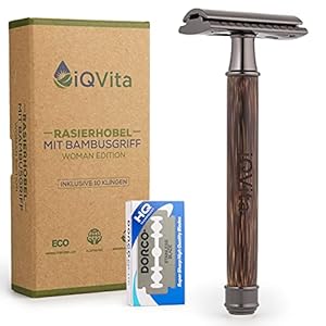 iQVita® Premium Rasierhobel mit Griff aus Bambus – Rasierer Damen – inkl. 10 Rasierklingen – Nassrasierer – geschlossener Kamm – umweltfreundlich & nachhaltig – Zero Waste – inkl. eBook