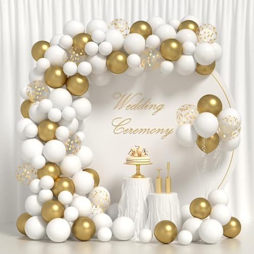 Image of White Gold Balloon Arch Garland Kit 62 Pcs with Gold Chrome Balloons for Engagement, Wedding, Welcome Home, Graduation & Birthday Party Decoration (White Gold Theme Garland)