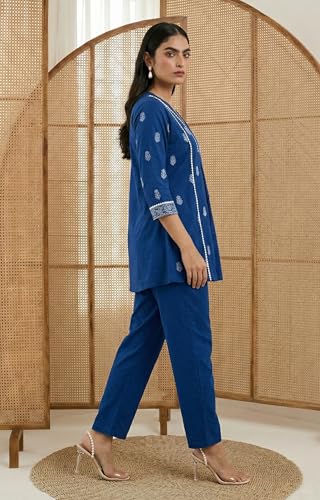 Image of Women's Pure Cotton Kurta Sets for Woman, Schiffli Embroidered Co ord Set for Women Stylish, Kurti Set for Woman, Ethnic Short Kurti and Pant Set