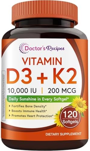 Doctor's Recipes Vitamin D3 K2, 10,000 IU, 200 mcg, MK-7, Strong Bone Density, Teeth, Immune, Heart Support, Energy, Calcium Absorption, No Soy & Gluten, Non-GMO, 120 Softgels
