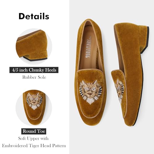 Image of Embroidered Loafers for Women Round Toe Chunky Heel Velvet Flats with Lion Head Pattern Wide Width Dress Casual Shoes