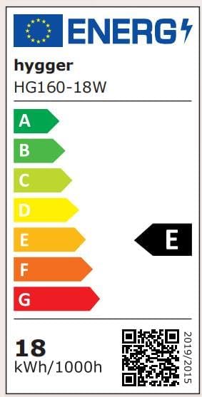 Energy label for hygger HG160-18W LED light, showing energy efficiency class E and 18 kWh/1000h consumption.