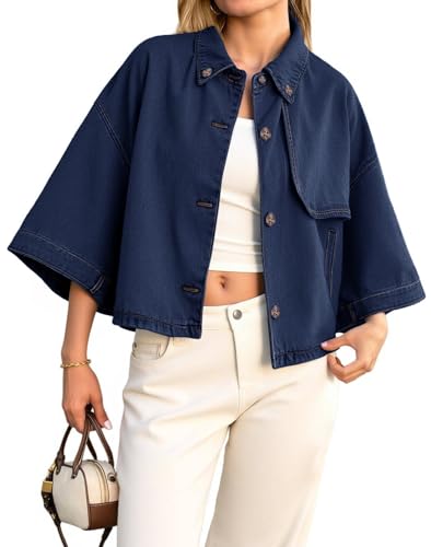 Tankaneo Womens Cropped Denim Jackets Casual Button Down Jean Shirt Shacket Loose 3/4 Sleeve Coat with Pockets