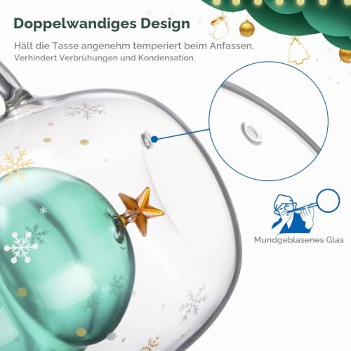 ecooe Doppelwandige Süße Weihnachtsbaum Latte Macchiato Gläser 270ml Kaffeetasse Weihnachten Becher mit Weihnachtsbaum Teesieb Teegläser… – Ansicht 3