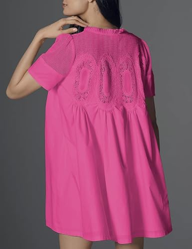 Image of Womens Summer Lace Mini Babydoll Dress Ruffled Collar Short Sleeve Loose Mesh Swing Elegant Flared Sundress