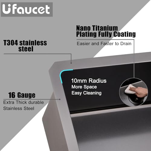 Image of 32 Inch Black Undermount Kitchen Sink Stainless Steel Deep Single Bowl, 32 inchx18 inch Gunmetal Black 16-Gauge Zero Radius Commercial Large Kitchen Sink with Drainer and Bottom Grid