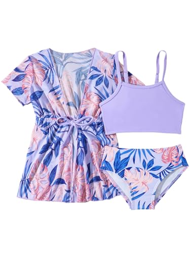 Kids Girls Ruffled Floral Kimono Cover Up Set 3 Piece Racer Back Bikini Top with Brief