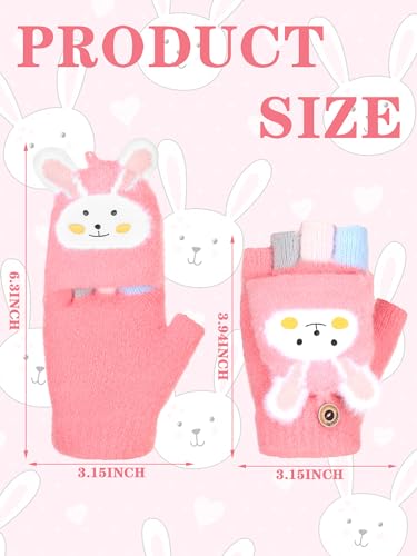 SATINIOR 2 Pairs Winter Kids Fingerless Gloves Toddler Finger Mittens Knit Convertible Half Finger Mitten Flap Aged 3-10(Grey, Dark Pink,Rabbit)2