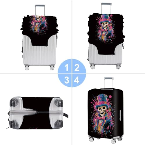 Image of Colorful Skeleton in Top Hat Luggage Cover - Abstract Skull Design Suitcase Protector for 32-34 Inch Luggage,XL