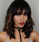 WAVE&BREEZE Black Mixed Brown Highlights Wigs for Black Women Short Wavy Curly Bob Wig With Bangs Natural Looking Synthetic Hair Wigs Heat Resistant Fiber Wig for Daily Party