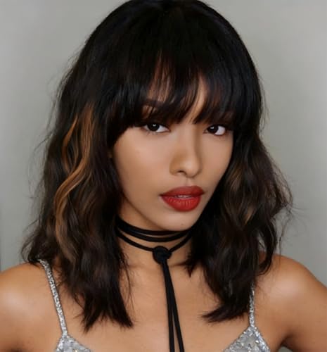 WAVE&BREEZE Black Mixed Brown Highlights Wigs for Women