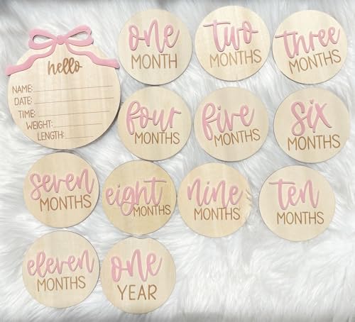 Image of Monthly Baby Milestone Cards for Girls - 13 Wooden 3D Milestone Discs with Hello World Birth Announcement Sign - Newborn Photo Props for Baby Girl