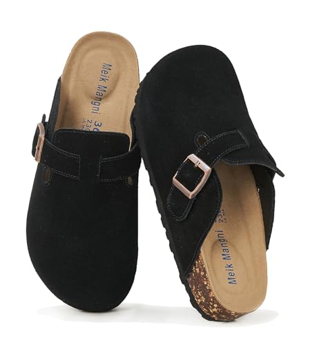 Meik Mangni Zuecos y Mules para Mujer Pantuflas de Piel con Corcho Cerradas Hombre Mules Cómodos Zapatillas de Jardín con Hebilla Ajustables,Negro,39 EU