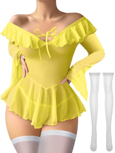 Image of Foxiny Sheer Ruffle Long Sleeve Babydoll Lingerie Dress | Off-shoulder neckline, flared cuffs and a flounce hem add movement; thong and thigh-high stockings complete the 3-piece set