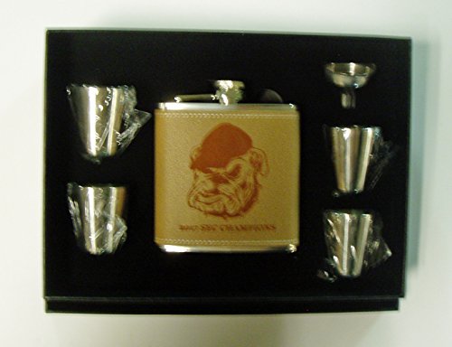 University of Georgia Bulldogs SEC Champions 6 oz Leather Covered Stainless Steel Flask With 4 Shot Glasses in Black Presentation Box