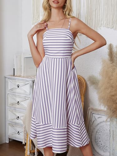Image of Women's Striped Sleeveless A Line Beach Summer Dress Spaghetti Strap Backless Smocked Cutout Ruffle Midi Dresses Purple
