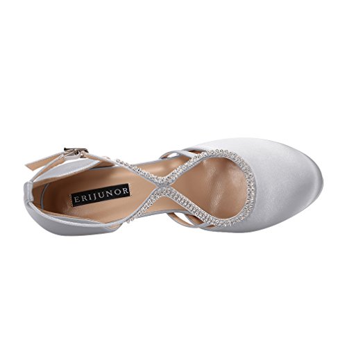 Image of ERIJUNOR Women Comfort Low Heel Closed-Toe Ankle Strap Platform Satin Bridal Wedding Shoes