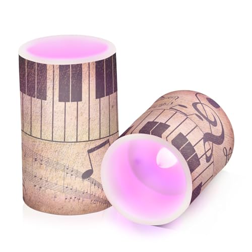 Image of BiCca Vintage Music Pattern Pillar Flameless Candles Flickering Battery Operated with Control & Timer, Led Candles Warm Light for Home Party Holiday Decor (Pack of 2)