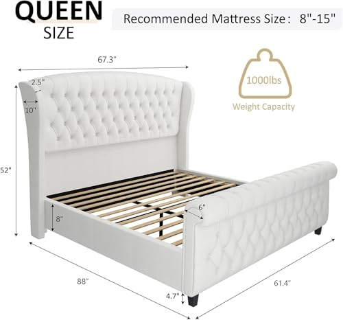 AMERLIFE Queen Size Platform Bed Frame, Chenille Upholstered Sleigh Bed with Scroll Wingback Headboard & Footboard/Button Tufted/No Box Spring Required/Cream