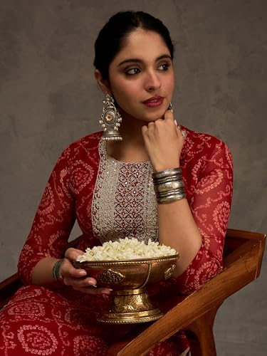 Image of INDO ERA Women's Georgette Leheriya Printed Straight Calf Length Kurtas (IEAI12232)