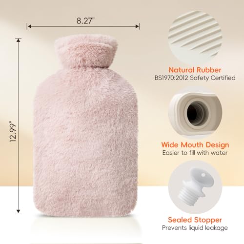 Homealexa Wärmflasche mit weichem Bezug 2L, Premium Naturkautschuk,Sicher und Langlebig Wärmeflasche für Familie (Rosa, 2L)