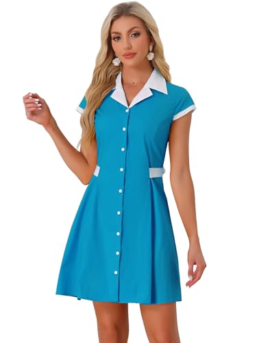 Image of Allegra K Women's Vintage Button Down Shirt Dress Notch Lapel Short Sleeve Belted Office Mini Short Dresses