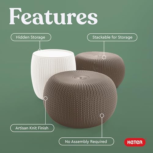 Image of KETER Urban Knit Pouf Ottoman Set of 2 with Storage Table for Patio and Room Decor-Perfect for Balcony, Deck, and Outdoor Seating, Cream & Taupe