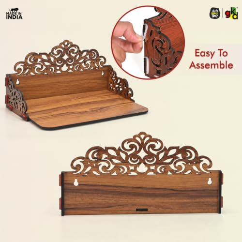 Image of Gift Kya De GKD Wooden Pooja Mandir for Home Wall | Small Temple for Office & Room | Indian Wooden Temple for Table or Shelf | Compact DIY Mandir | 12x9x6 Inch | Classic Design (Classic Walnut)