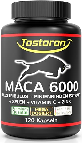 MACA Kapseln hochdosiert + extra stark - 120 Kapseln, Maca Pulver Extrakt, Tribulus terrestris, Pinienrinde, natürliches Vitamin C, Selen, Zink trägt zum Erhalt eines normalen TESTOSTERON SPIEGELS bei