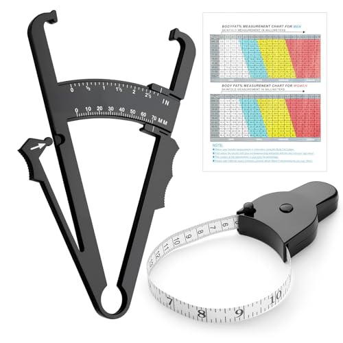 UIHRLM 2 PCS Body Fat Calipers, Skinfold Caliper and Body Measuring Tape with User Manual, Portable Accurate Black Fat Tape Measure Tool Set for Women & Men Weight Loss BMI Measurements (Black)