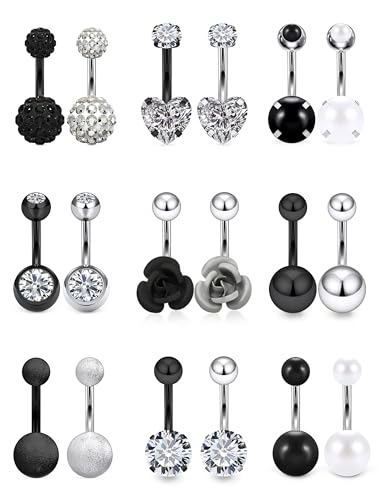 Vsnnsns 14G Belly Button Ring Piercing Jewelry 316L Stainless Surgical Steel Heart CZ Pearl Butterfly Flower Navel Rings Dangle Belly Button Ring Navel Piercing Jewelry for Women Men Hypoallergenic
