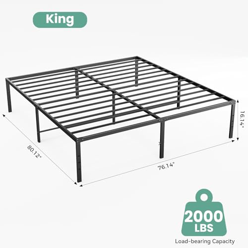 Image of Sweetcrispy King Size 16 Inch Platform Bed Frame, Heavy Duty Metal Foundation Frame, Noise-Free Sturdy Steel Slats, Underbed Storage, No Box Spring Needed, Quick Setup
