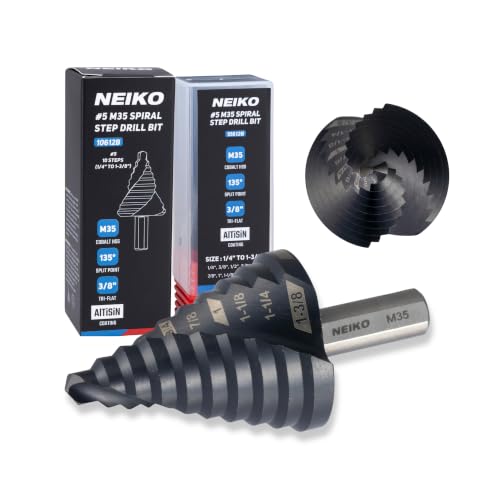 Image of NEIKO 10612B Step Drill Bit, 10 Steps 1 /4 inch to 1-3 /8 inch Spiral M35 Cobalt, AlTiSiN Coated, 3 /8 inch Tri-Flat Step Bits for Steel, Metal, Wood, Plastic, Unibit Cone Drill Bits, Two Flute
