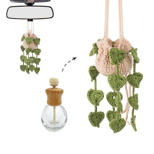 Image of Crochet Hanging Plant Car Air Freshener,10ml Empty Refillable Car Diffuser Bottle with Potted Plants Car Mirror Hanging Accessories Car Air Hanging Fragrance Oil Diffuser (Leaves)