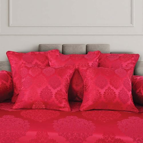 Image of Victor Poly Cotton Styria Satin Geometrical Pattern Diwan Set - 8 Pcs (Maroon, Bed Cover - 60 inchx90 inch, 2 Bolsters - 16 inch x 32 inch & 5 Cushion Covers - 16 inch x 16 inch)