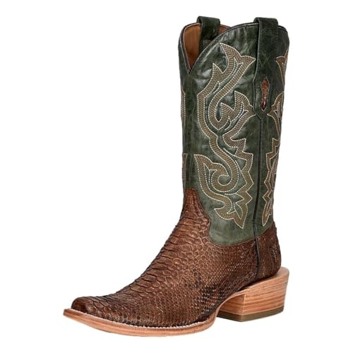 CORRAL MEN'S BROWN/GREEN PYTHON EMBROIDERY NARROW SQ. TOE, LEATHER WITH RUBBER INSERT SOLE, WESTERN A4287