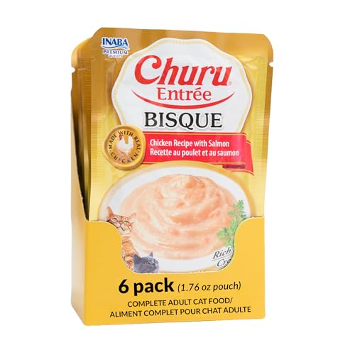INABA Churu Entre Bisque for Cats Grain-Free High Moisture Prebiotic Wet Cat Food 1.76oz. per Pouch 6 Pouches Chicken with Salmon Recipe
