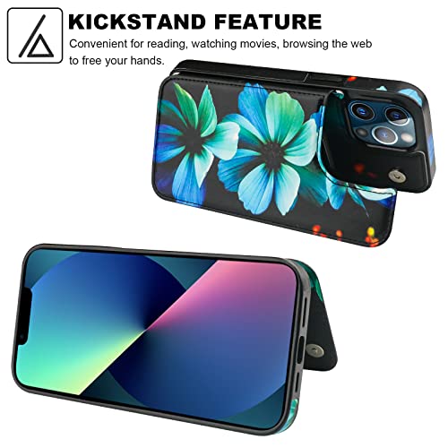 Image of HAOPINSH for iPhone 13 Pro Max Wallet Case with Card Holder, Blue Floral Flower Pattern Back Flip PU Leather Kickstand Card Slots Case for Girls Women, Double Magnetic Clasp Shockproof Cover 6.7 inch