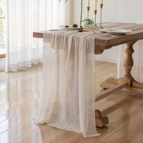 Image of Light Beige Cheesecloth Table Runner 120 Inches for Party Home Decorations | For Wedding Baby Shower Bridal Shower Birthday Engagement Party 10FT Rustic Boho Home Decor