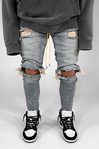 CHARTOU Men's Distressed Paint Splatter Zipper Tapered Leg Denim Jeans Pants3