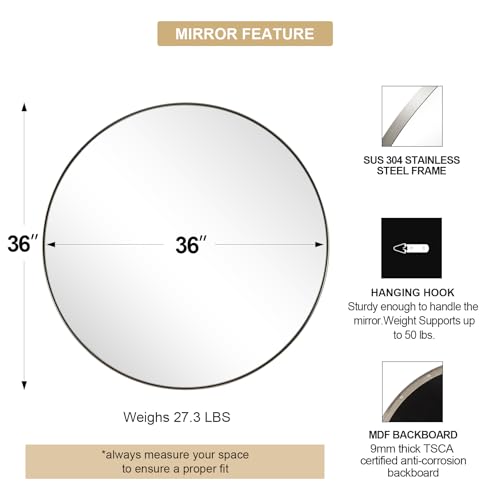 Image of ANDY STAR Round Mirror, 36 inch Circle Bathroom Mirror in Stainless Steel Metal Frame, Modern Vanity Mirror for Bedroom, Entryway, Living Room, Contemporary 1 inch Deep Wall Mount