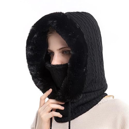 Pasamontañas Invierno para Mujer,Balaclava Máscara Moto de Punto, Gorro Cálido De Invierno para Clima Frío Esquí al Aire Libre Montaña Camping Senderismo (FR/ES, Letras, Talla única, Black)