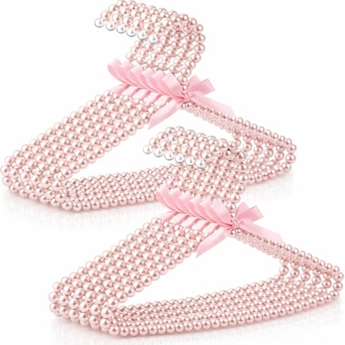Image of Threan Pink 12 Pcs 11.8 Inch Mini Pearl Beaded Clothes Hanger Pearl Beads Small Metal Clothes Hangers with Ribbon Standard for Kids Baby Children Pet Dog