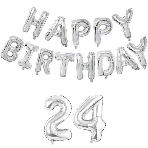 Image of Flyloons 24th Silver Colour Happy Birthday Foil Balloon Set for 24 Year Old Boys Girls Men Women | with Number Twenty-four | 13 Letters Reusable Happy Birthday Metallic Foil Balloons Decoration Kit