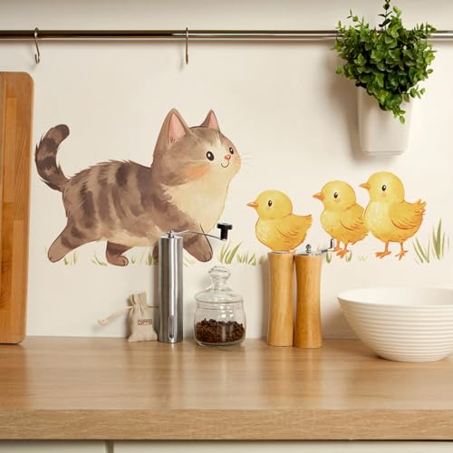 Vinilo decorativo adhesivo impermeable con gatito y pollitos miniatura 4